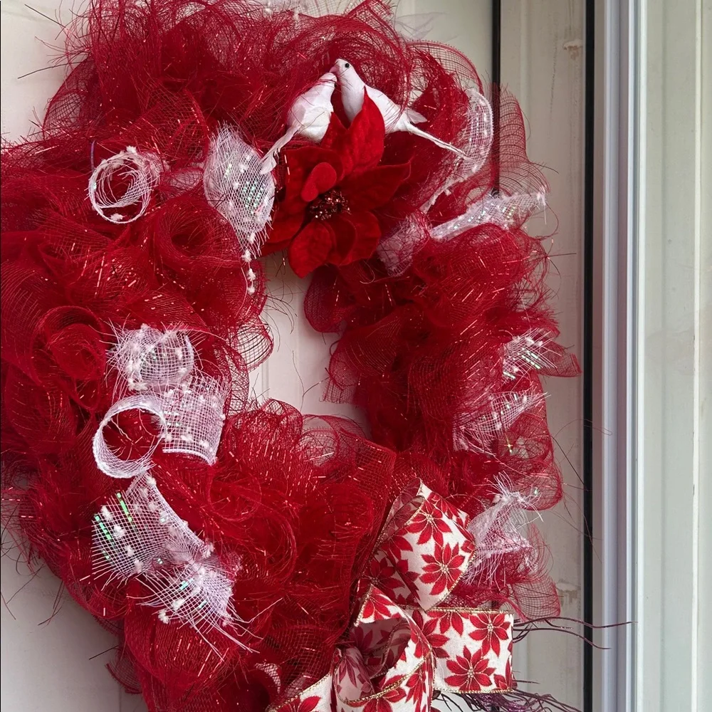 Elegant Red and White Holiday Wreath with Poinsettia